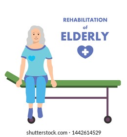 Presentation Vector Banner for Rehab Clinic with Smiling Old Client. Happy Female Elderly Patient on Sits Stretcher Waiting for Start Rehabilitation Program. Isolated Illustration with Promotion Title