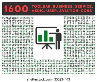 Presentation vector icon and 1600 other business, service tools, medical care, software toolbar, web interface pictograms. Style is bicolor flat symbols, green and gray colors, rounded angles, white