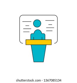 presentation vector icon- business man with blackboard simple linear with filled illustration