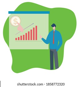 Presentation Vector Icon, Illustration Man on Graphic Bar, Finance Meeting Infograpic, Concept Brief, Business Flat Vector