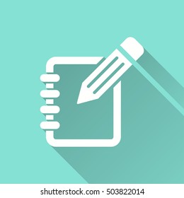 Presentation vector icon with long shadow. White illustration isolated on green background for graphic and web design.