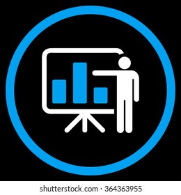 Presentation vector icon. Style is bicolor flat circled symbol, blue and white colors, rounded angles, black background.