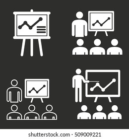 Presentation vector icon. White illustration isolated on black background for graphic and web design.