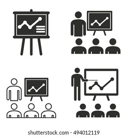 Presentation vector icons set. Black illustration isolated on white background for graphic and web design.