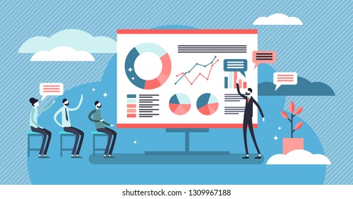 Presentation vector illustration. Flat infographics publication and speech. Mentor answers to seminar questions. Training conference and couch lecture. Teacher and leader educates business audience.