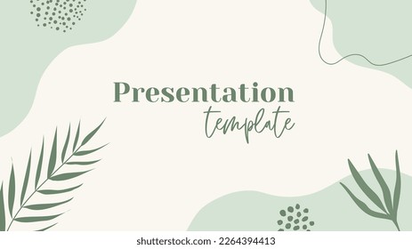 Presentation vector template. Natural floral green minimal background with organic shapes and palm leaf