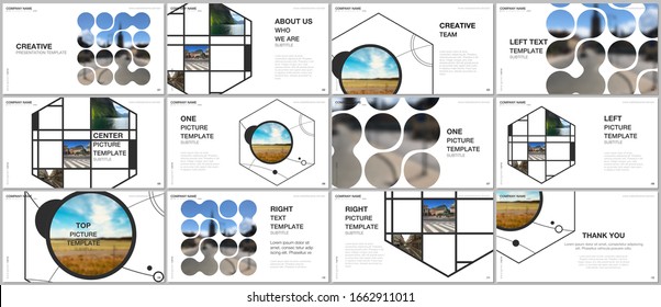 Presentation vector templates, multipurpose template for presentation slide, flyer, brochure cover design, infographic presentation. Abstract smart technology design with hexagons and place for photo.