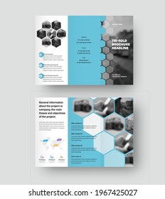 Presentation of vector trifold template with hexagons, blue design elements on white background. Layout of a creative brochure with a headline, information for the business. Leflet set with shadows