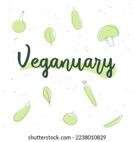 Presentation of vegan diet month in January called Veganuary. Lettering with vegetables. Watercolor dot texture. A call to become vegan.