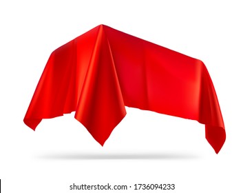 Presentation view. Red tablecloth draped over a product, subject. Vector illustration on white background. Ready for your design, promo, presentation. EPS10.	