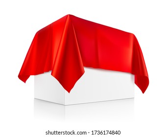 Presentation view. Red tablecloth draped over a product, subject. Vector illustration on white background. Ready for your design, promo, presentation. EPS10.	