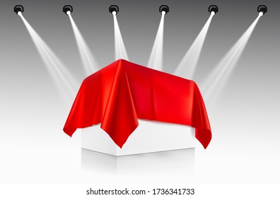 Presentation view. Red tablecloth draped over a product, subject with soffit lighting. Vector illustration. Ready template to use for for presentations, conferences, design, promo. EPS10.	