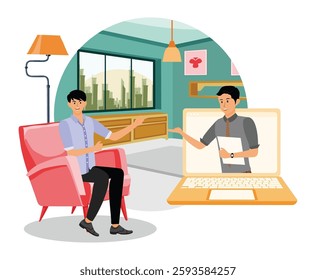 Presentation of Virtual Online Consultation between doctor and patient. Two People engaging in a virtual discussion in a modern setting. Flat vector modern illustration 