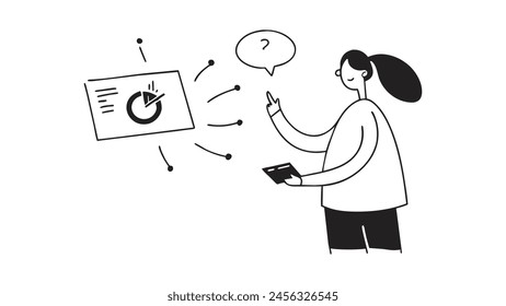 Presentation, vision, strategy . The female leader. Discussing business plan. doodle line art on white background