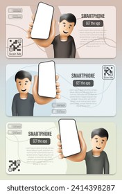 Präsentation von Webseitenbroschüren für eine mobile Anwendung auf einem Smartphone. Mit Cartoon-Stil Mann hält ein Telefon mit einem leeren Bildschirm und eine Beschreibung zusammen mit einem QR-Code.