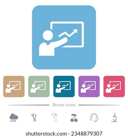Presentation white flat icons on color rounded square backgrounds. 6 bonus icons included
