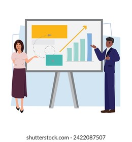 Presentation from white woman and black man by the whiteboard with showcase charts, dates, and analysis. Epitomising teamwork, innovation, business and strategic business growth concept illustration