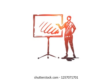 Presentation, woman, board, business, report concept. Hand drawn woman making presentation concept sketch. Isolated vector illustration.