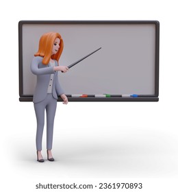 Presentation. Woman with pointer stands near blackboard. Female character points to empty board. Template for text, mockup. Pay attention. Color realistic illustration