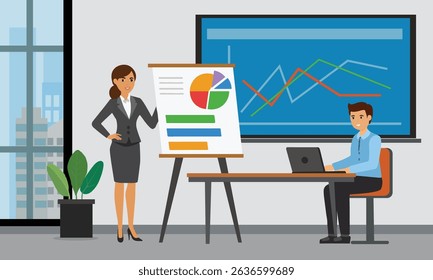 Presentation and work with information and infographics.Presentation of reports, charts and graphs.Team of colleagues working at office