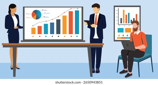 Apresentação e trabalho com informações e infográficos.Apresentação de relatórios, gráficos e gráficos.Equipe de colegas trabalhando no escritório.