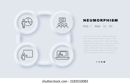 Presentation at work set icon. Speech bubble, communication, pie chart, screen, flipchart, employee, online conference. Business concept. Neomorphism. Vector line icon for Business and Advertising.