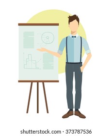 Presentation. Young businessman in flat style.