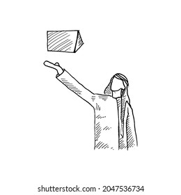 Presentation.	a young scientist showing his findings to seminar participants.	Retro vintage sketch vector illustration. Engraving style. black isolated on white background. vector draw graphic design 