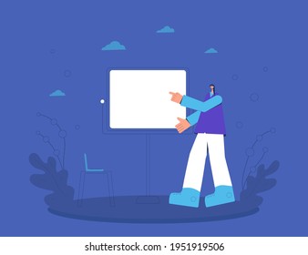 Presentation. Young woman standing near a whiteboard and giving a report. Business meeting. Vector flat color illustration. 