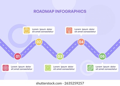 Presentation of Zigzag Diagonal Roadmap Infographic with 5 Milestones Vector Illustration