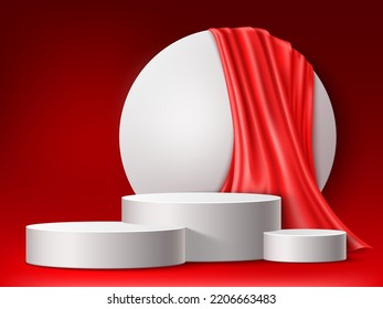 Presentational pedestal with red silk drapery. Realistic background for beauty product presentation, ready made mockup environment, 3D cylinder platform, minimal showcase utter vector concept