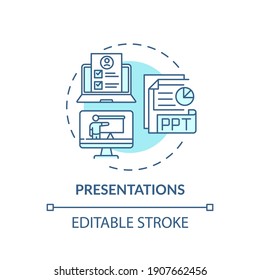 Presentations concept icon. Online teaching digital resources. Showing new knowledge to students using devices idea thin line illustration. Vector isolated outline RGB color drawing. Editable stroke