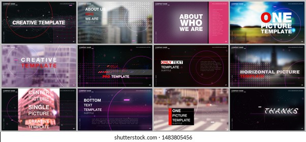 Presentations Design Vector Template With Technology Backgrounds, Glitches, Lines, Dots And Circles. Templates For Presentation Slide, Flyer Leaflet, Brochure Cover. Hi-tech Futuristic Graphic Concept