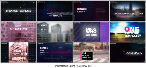 Presentations design vector template with technology backgrounds, glitches, lines, dots and circles. Templates for presentation slide, flyer leaflet, brochure cover. Hi-tech futuristic graphic concept