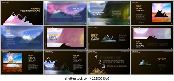 Presentations design, vector templates. Background for tourist camp, nature tourism, camping. Aadventure design concept. Multipurpose template for presentation slide, flyer leaflet, brochure cover.