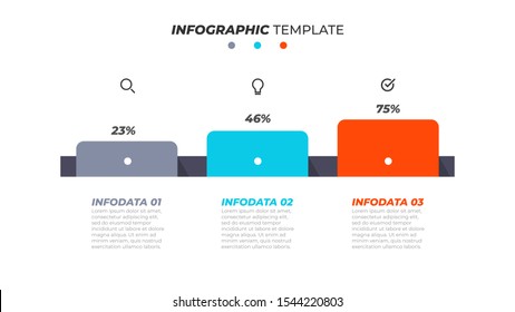 Presentations infographic template for business process step with marketing icons and 3 options. Vector illustration.