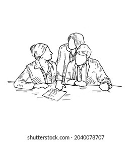 Presentation.three Members Of The Marketing Team Are In A Meeting To Discuss Next Year's Business Plan. Retro Vintage Sketch Vector Illustration. Engraving Style. Black Isolated On White Background. 