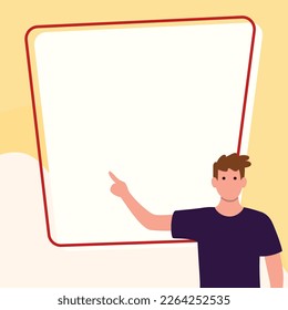 Presentator shows important information on whiteboard. Man show main message written over big text holder. Finger pointing to table with words.