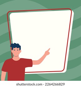 Presentator shows important information on whiteboard. Man show main message written over big text holder. Finger pointing to table with words.