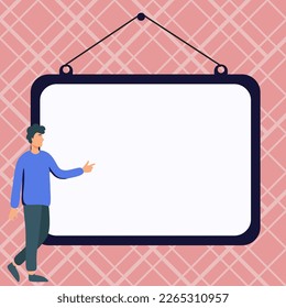 Presentator shows important information on whiteboard. Man show main message written over big text holder. Finger pointing to table with words.