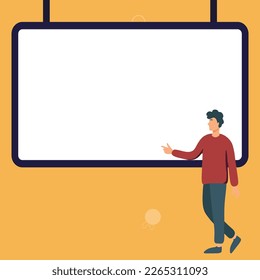 Presentator shows important information on whiteboard. Man show main message written over big text holder. Finger pointing to table with words.