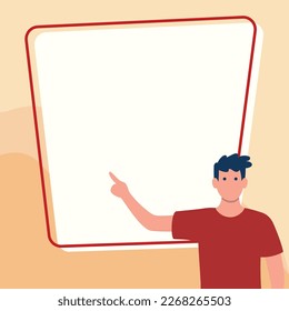 Presentator shows important information on whiteboard. Man show main message written over big text holder. Finger pointing to table with words.