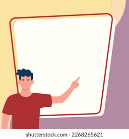 Presentator shows important information on whiteboard. Man show main message written over big text holder. Finger pointing to table with words.