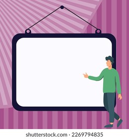 Presentator shows important information on whiteboard. Man show main message written over big text holder. Finger pointing to table with words.