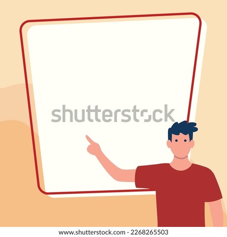 Presentator shows important information on whiteboard. Man show main message written over big text holder. Finger pointing to table with words.