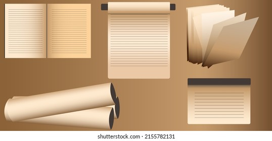 Presented with 5 versions of parchment with dark sheets, in-line, where you can write text. Vector illustration, isolated.