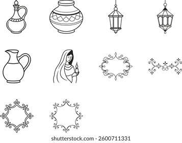 Presented is a collection of minimalist, black and white line drawings representing elements associated with Ramadan and Arabic culture. 