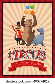 Presenter bear and seal cartoon of circus 