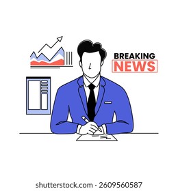 A presenter in a blue suit delivers breaking financial news with world map and stock chart. Atmosphere is serious, informative. Perfect for business, finance, news visuals
