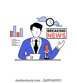 A presenter in a blue suit delivers breaking financial news with world map and stock chart. Atmosphere is serious, informative. Perfect for business, finance, news visuals